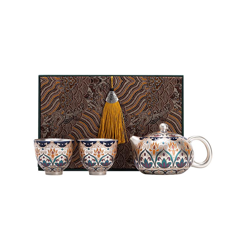 Chinese Silver-Plated Tea Set: Teapot & Cups Gift for Elders, Friends, Housewarming, or Birthday Souvenir.