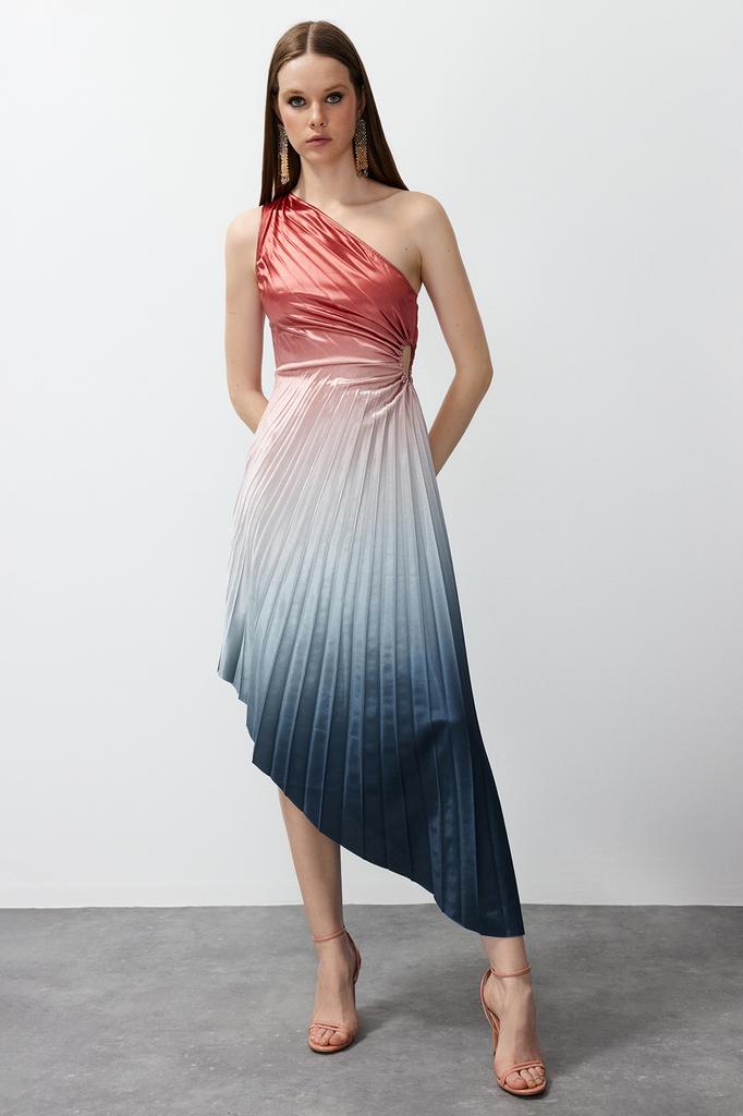 Women's Dress New Season Fashion Multicolored Asymmetrical Knitted Pleat Detailed Satin Stylish Evening Dress