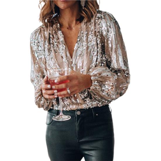 Lente Blouse V-hals Lantaarnmouw Polyester Dames Lente Glitters Blouse voor
