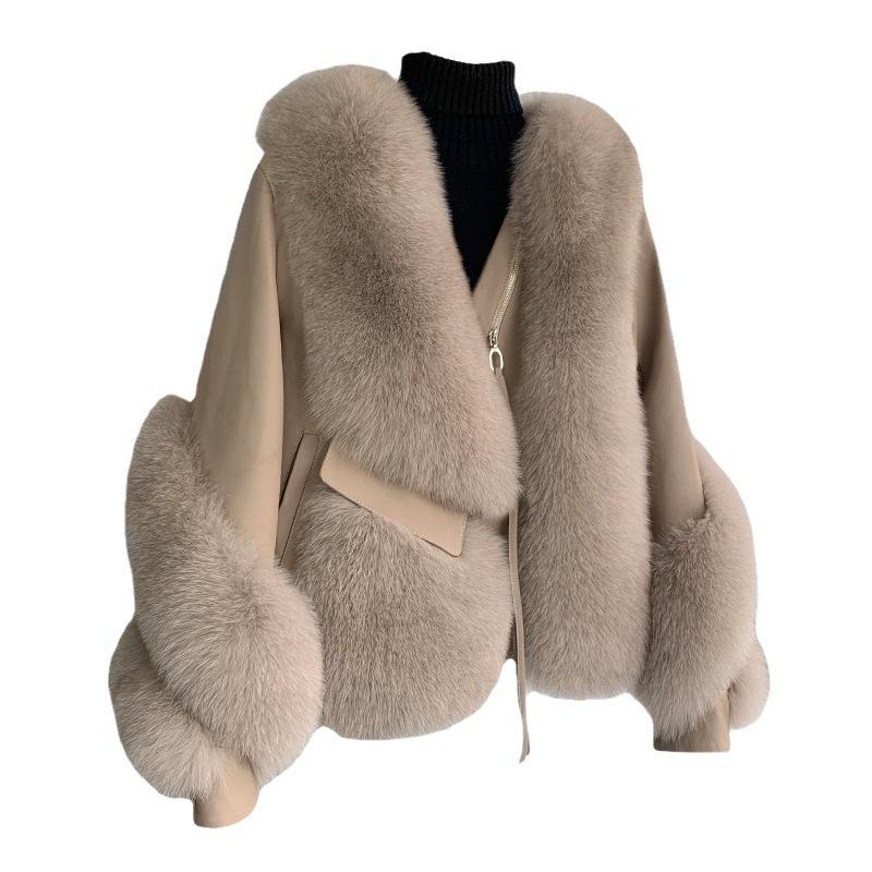 New Haining fox fur coat women's short, sheepskin locomotive suit fur integrated coat winter