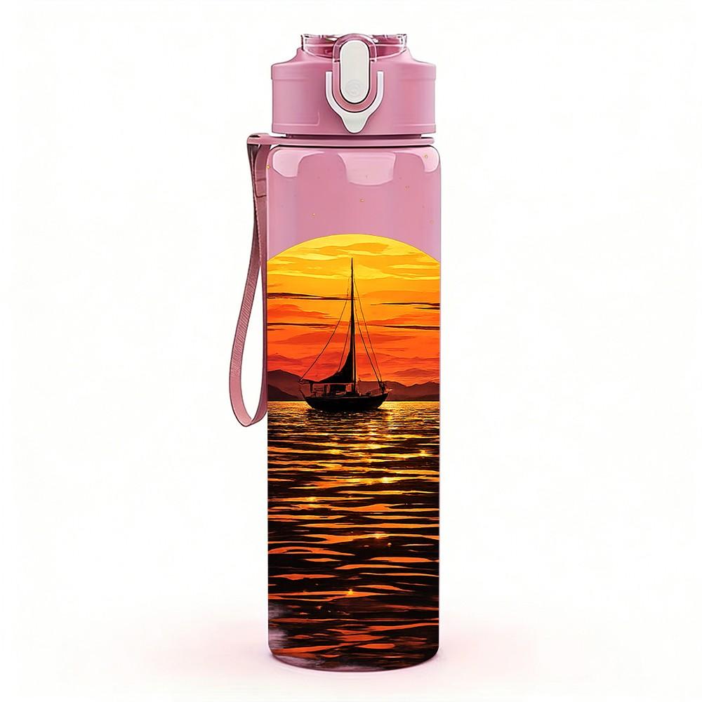 1PC Sunset Ocean Boat Water Scenery Print 750ml Color Plastic Sports Water Bottle Leakproof Flip Straw Lid Suitable for Sports Office Home Use
