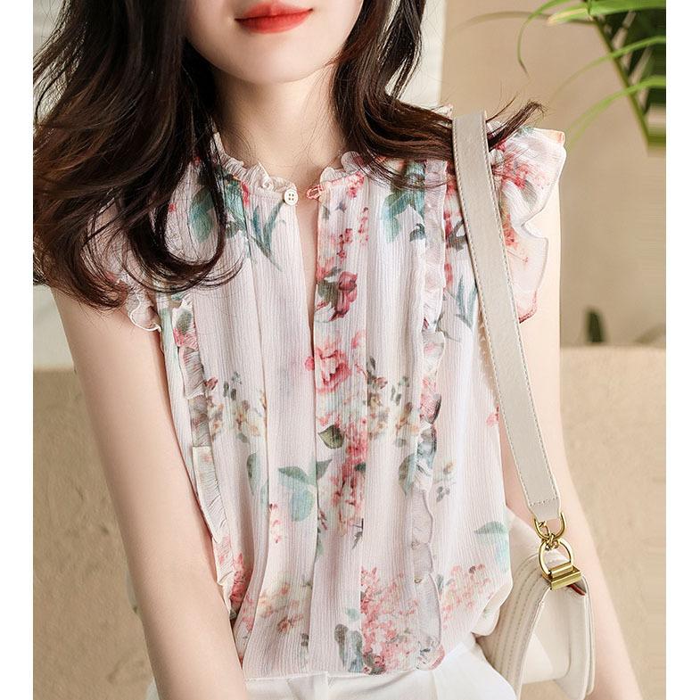 Ladies Summer French Sleeveless Top Thin Elegant Chiffon Printed Top