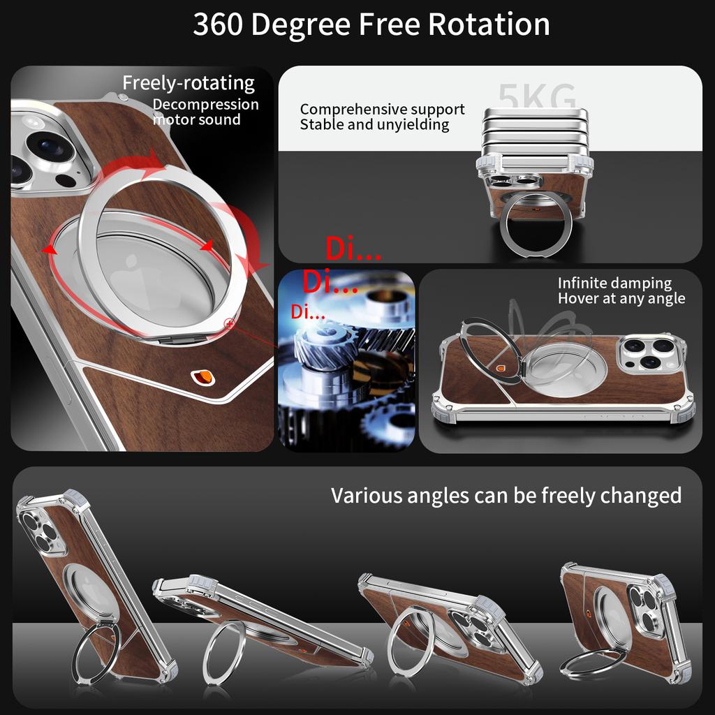 For iPhone 16 Pro Max Magnetic Case Wood + Metal Boardless Phone Back Cover with Ring Kickstand