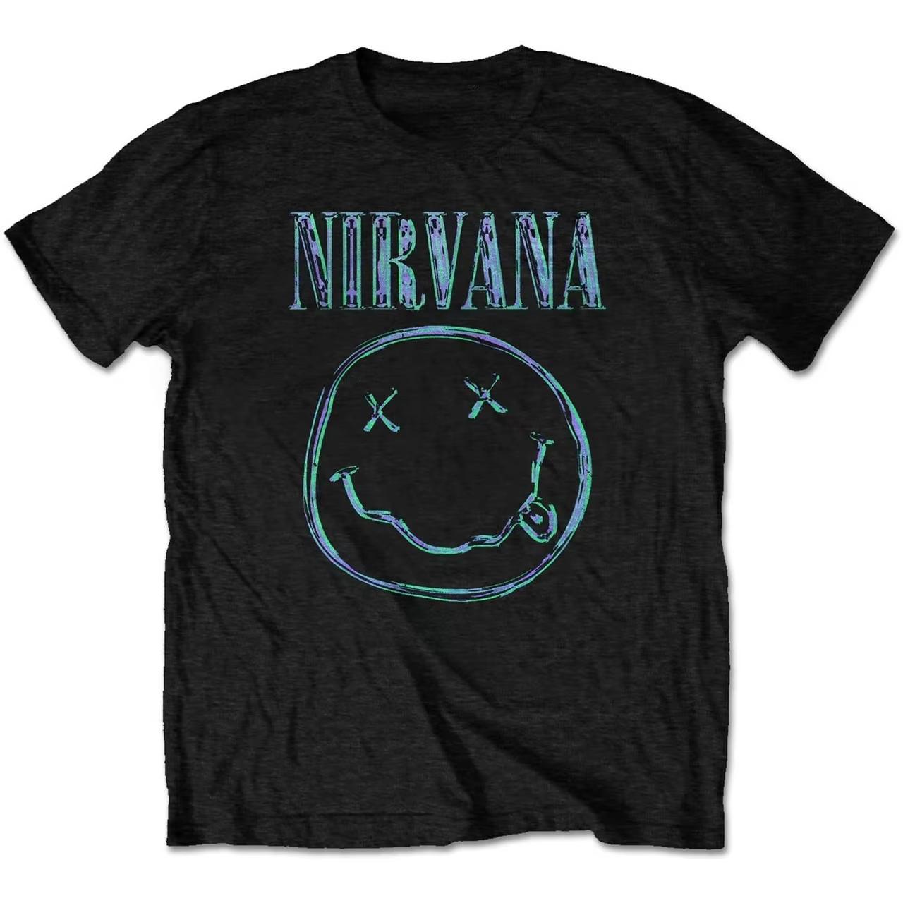 

NIRVANA Smiley Face graphics 100cotton unisex shirt 2026 Summer Oneck Men Y2k Short Sleeve Retro rock fashion Tshirt fan gift L