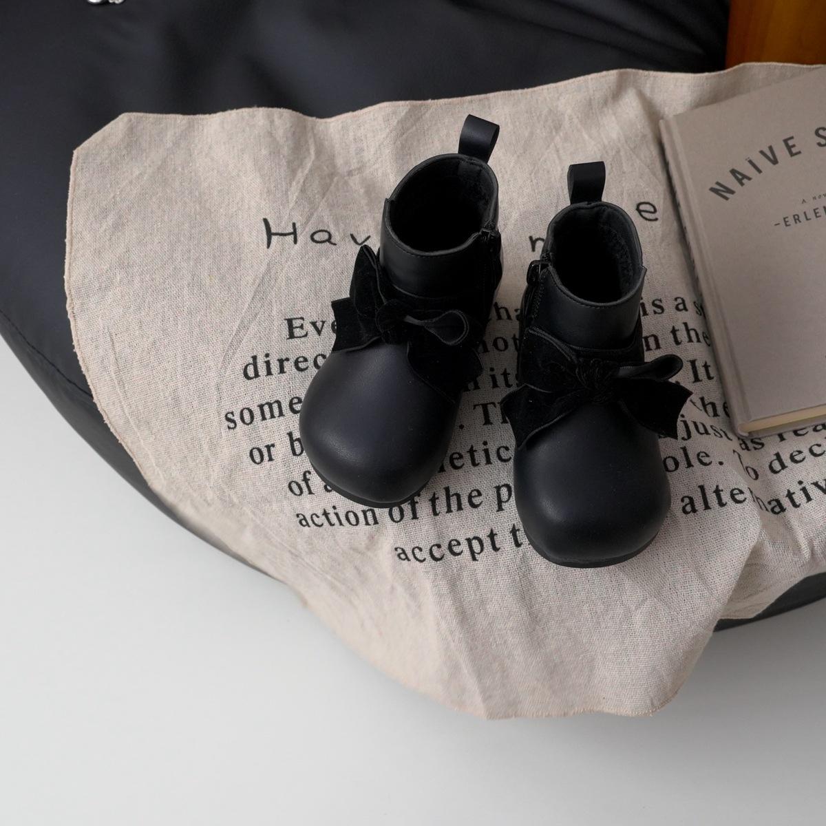 

XSHX Кожаные ботинки с круглым носком Ботинки принцессы из-за границы для девочек Весенне-осенние одинарные бархатные с бантом C247007 25