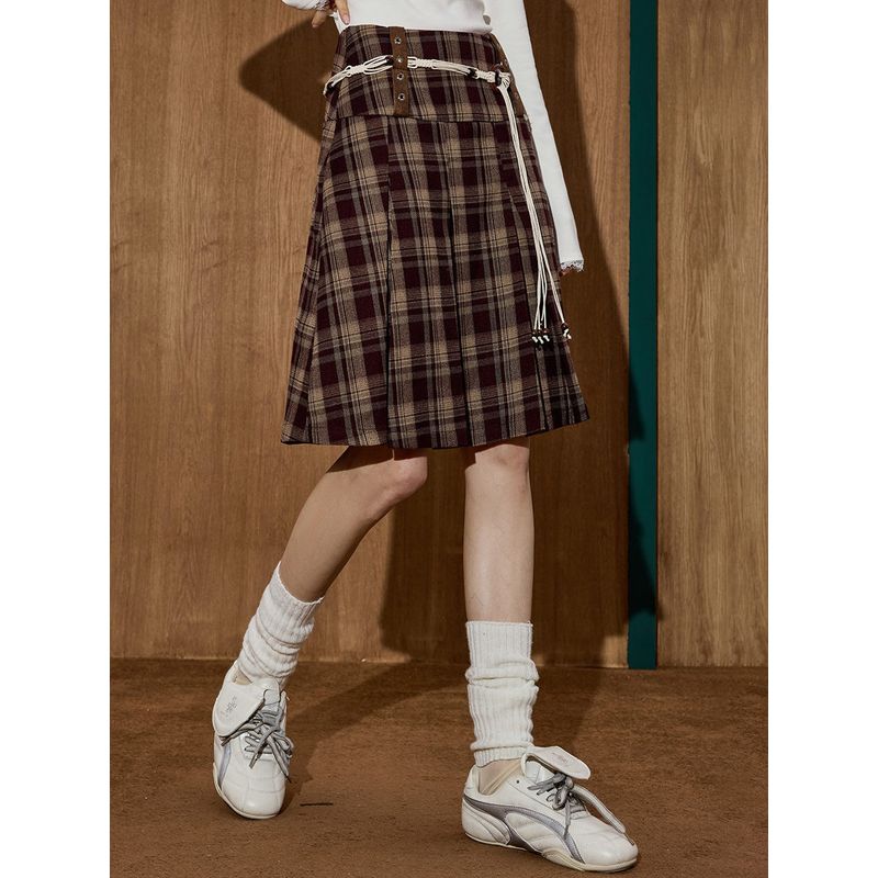 Coolhut2025 Autum Women's Pleated A-Line Skirt, Fashionable American Retro Loose and Versatile Plaid Skirt
