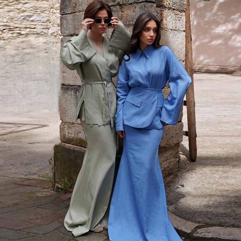 Womens Elegant Turn-Down Collar Long Sleeve Fitted Midi Dress Set With Button Detail Fall