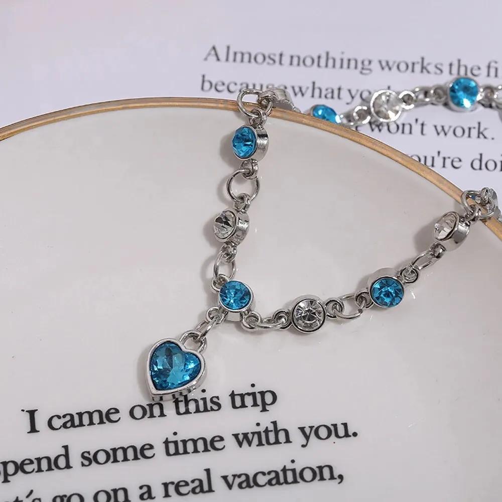 Women Copper Color Lucky Bracelet Female Blue Crystal Heart Charm Pulseras Bracelet Bridal Wedding Engagement Fine Jewelry Gift