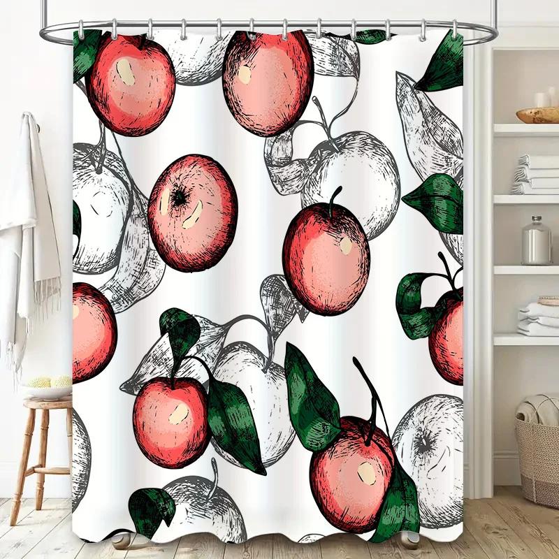Red Apple Shower Curtain Decor with Green Leaves Modern Floral Bathtub Accessories for Bathroom White Background Print Home Text