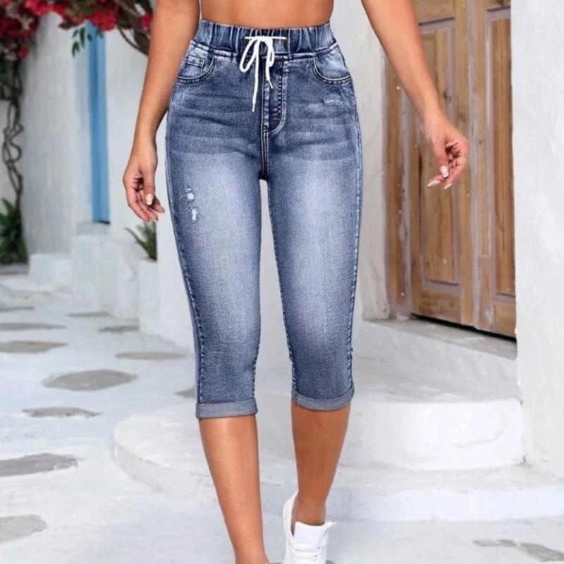 Women's Jeans with Elastic Waistband, Drawstring, High Waistband, Ripped Hole, Women's High Stretch Denim Pants