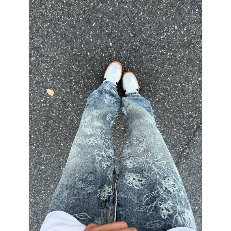 Мужские джинсы CleanFit синего цвета с цветочным жаккардовым узором, потертостями, свободного кроя, микро-клеш XL синий