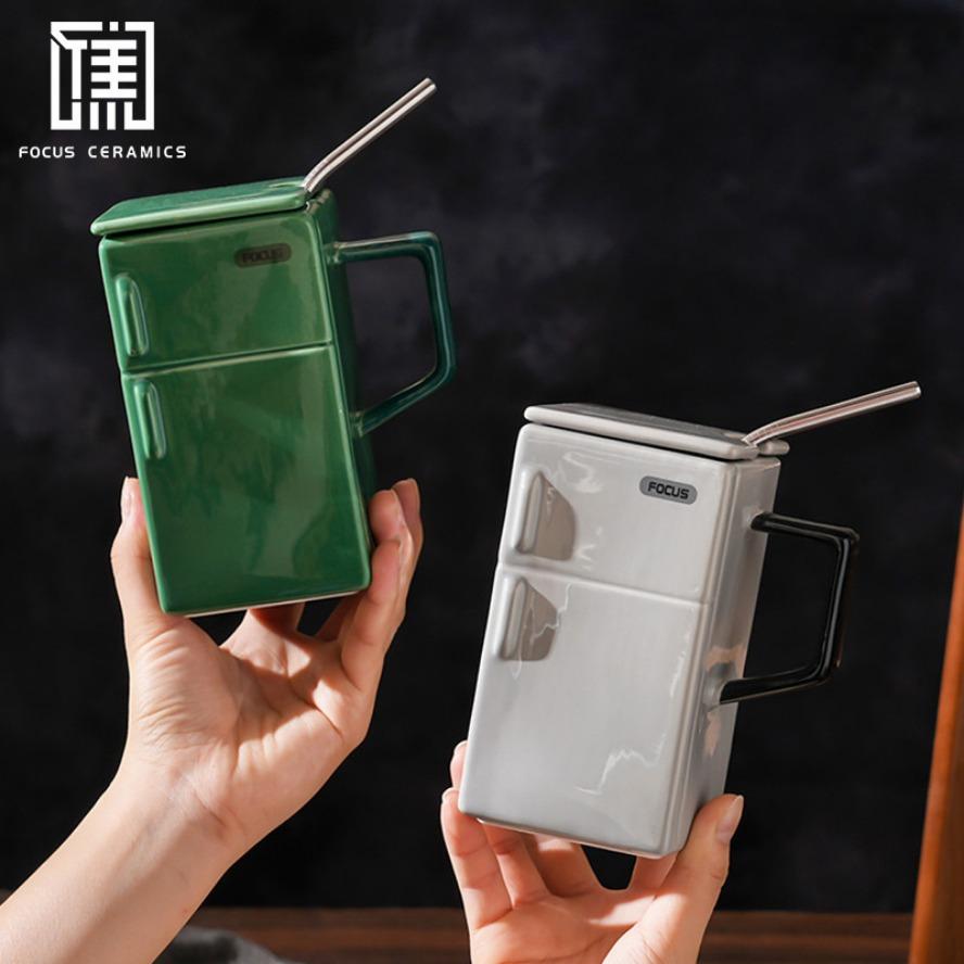 Creative Retro Refrigerator Ceramic Cup with Lid Straw Funny Office Couple Gift Coffee Mug