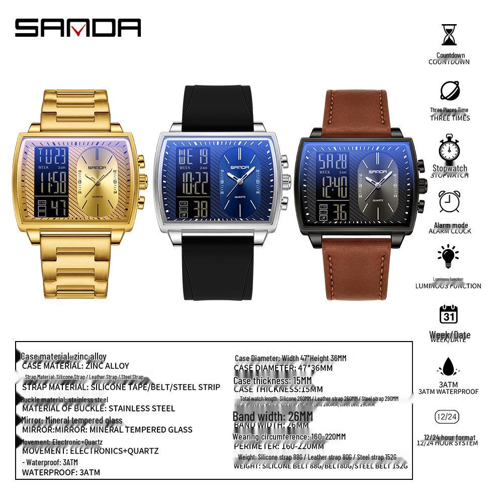 שעון ספורט רב-תכליתי עמיד למים לגברים מבית Sanda עם תצוגה כפולה מסוגננת.