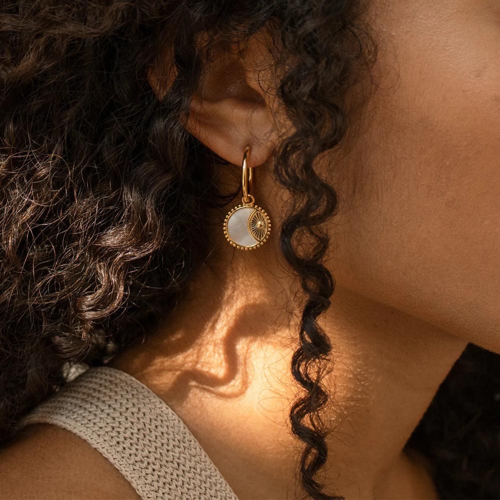 Retro Natürliche Muschel Sonne Mond Runder Kreis Anhänger Halskette für Frauen Edelstahl Gold Farbe Charms Creolen Ohrringe