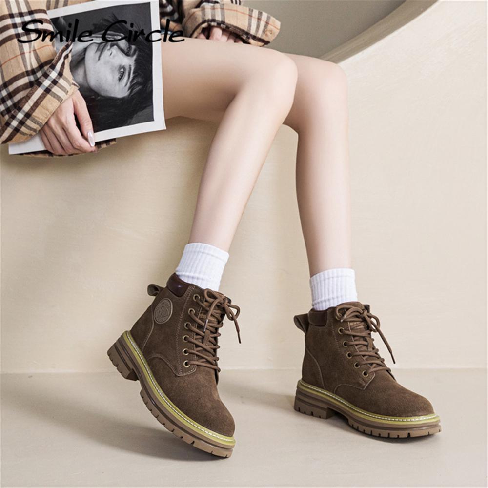 Natural Suede Women Boots Soft Sole Lace-up Thick Boots Fashion Casual Work Boots