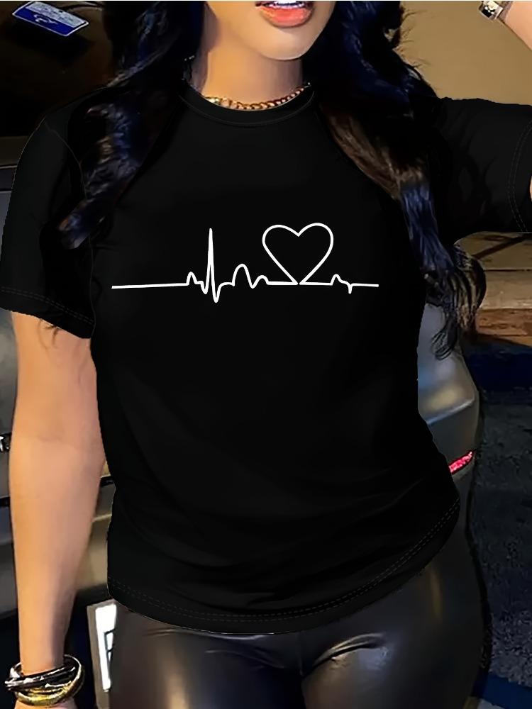 Heart Print T-shirt Short Sleeve Crew Neck Casual Summer Summer Short Sleeved Harajuku Streetwear Tops Tees Aesthetic Clothes