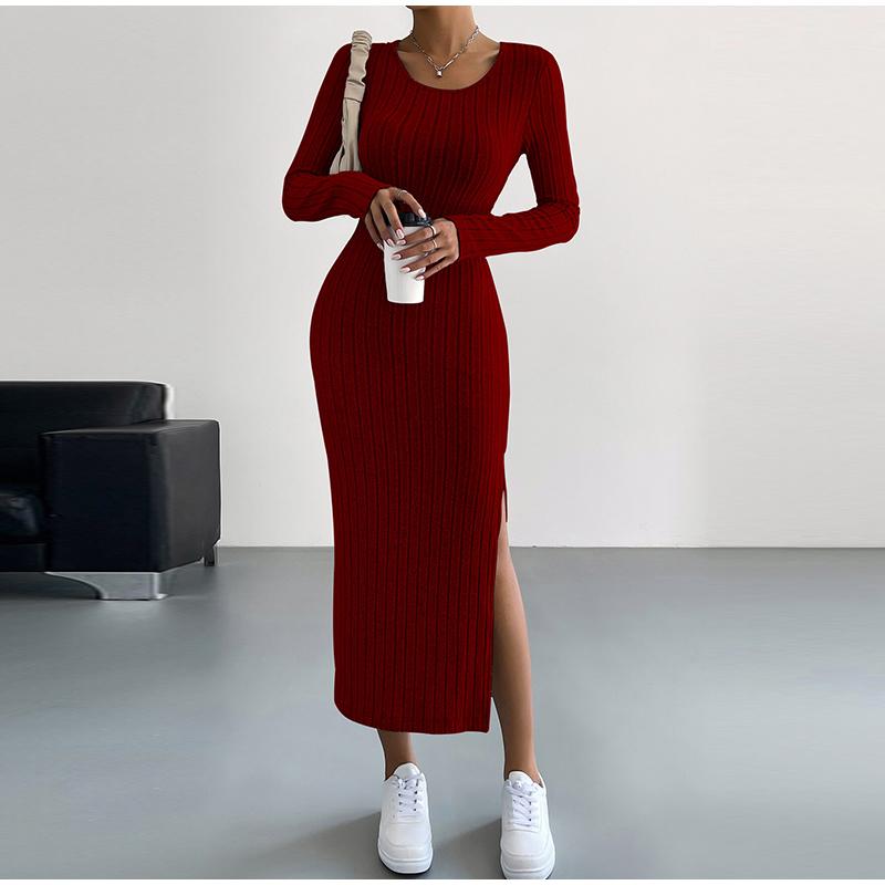 New Women Spring Autumn Casual Dress Solid Color Knitted Dress Sexy Slim Elegant Retro Dresses Long Sleeve Round Neck Side Slit Dress