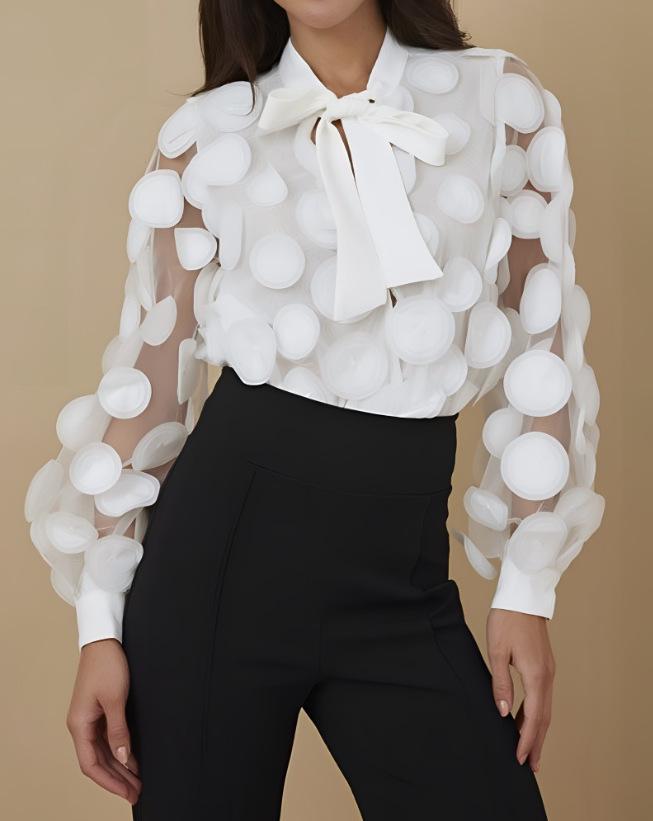 French Court Style 3D Floral Chiffon Blouse with Hollow Lantern Sleeves