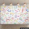 Playful School Supplies Tapestry, Colorful Hand-Drawn Doodles of Books, Pencils and Globes on a White Brick Wall, Cheerful Classroom Wall Art