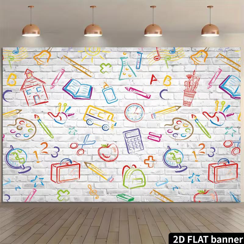 Playful School Supplies Tapestry, Colorful Hand-Drawn Doodles of Books, Pencils and Globes on a White Brick Wall, Cheerful Classroom Wall Art