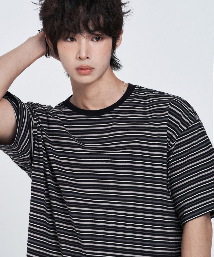 LEMAIN SECOND Fine Stripe Oversized Short Sleeve T-Shirt [Black]