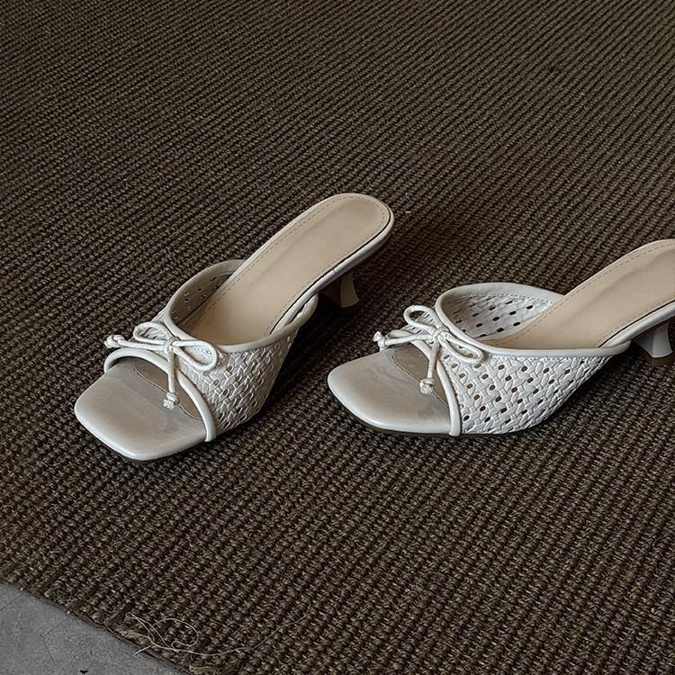 Holiday Style Woven Hollow Sandals Women's Versatile Bow One-word Drag Open-toed Square Head High Heels Summer
