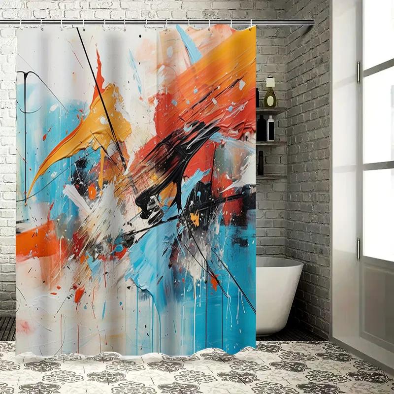 

Colorful Splash Shower Curtain Decor For Bathroom Modern Abstract Design In Red, Blue, Orange White Set Includes Hook Rings W60H190(CM)-1 Pcs