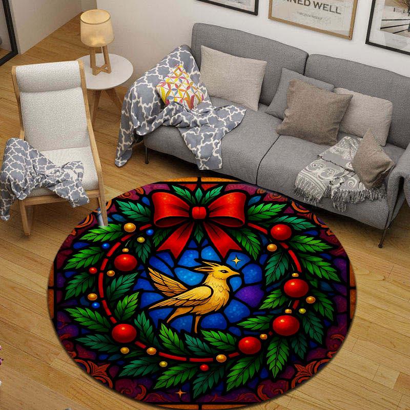 Boho Round Christmas Multicolor Carpet, Non-Slip Floor Mat for Living Room