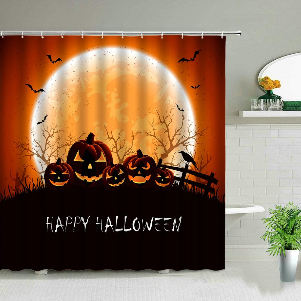 Halloween pumpkin Lantern Shower Curtain Bathroom The Terrible  Forest Wood Ghost House Tombstone Fabric Bathroom Curtain Set