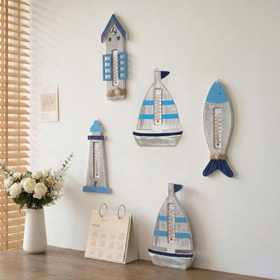 Vintage Wooden Coastal Wall Thermometer Nautical Fish/Lighthouse/Sailboat/Cabin Shaped Temperature Gauge for Living Room Bedroom Hotel Hallway Wall