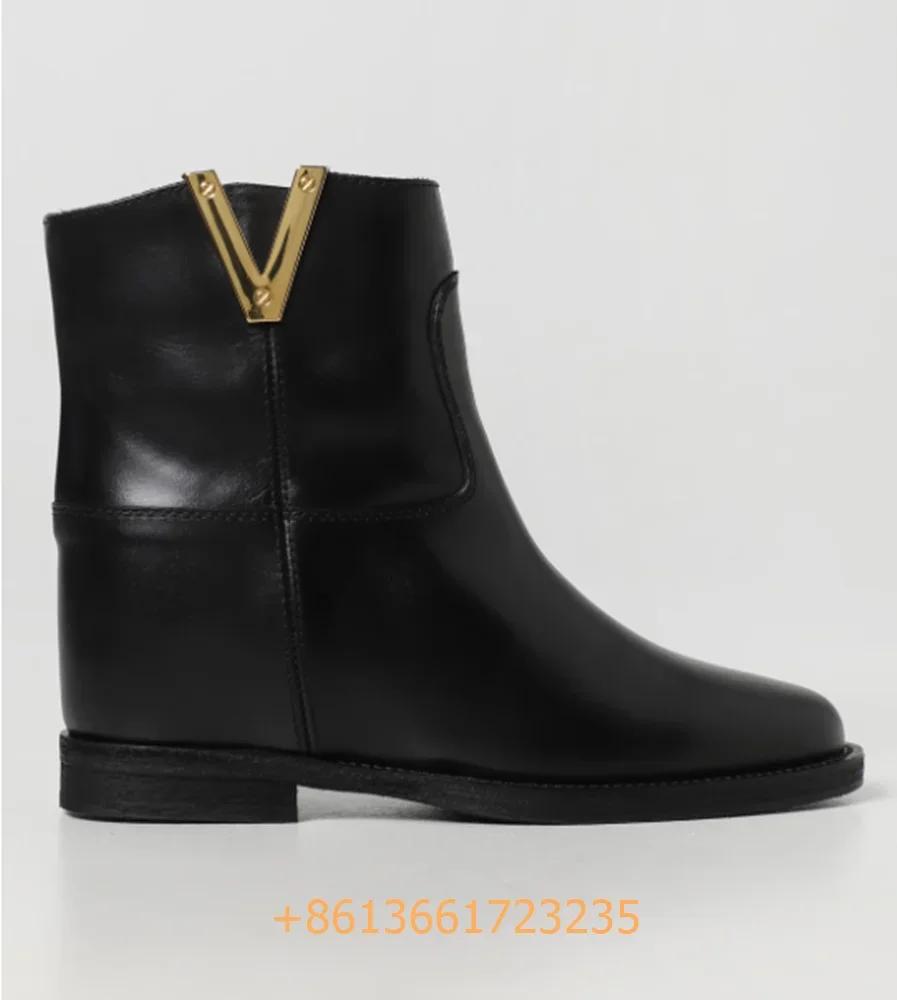 Fashion Real Leather Metal V Buckle Woman Boots 2025 Winter New Solid Designer Catwalk Ankle Boots Black/brown Round Toe Fashion Shoes