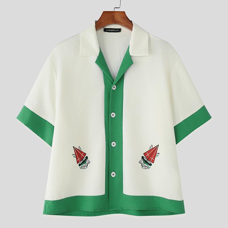

INCERUN Summer Men Lapel Short Sleeve Stitching Print Casual Holiday Oversized Shirts M зелений