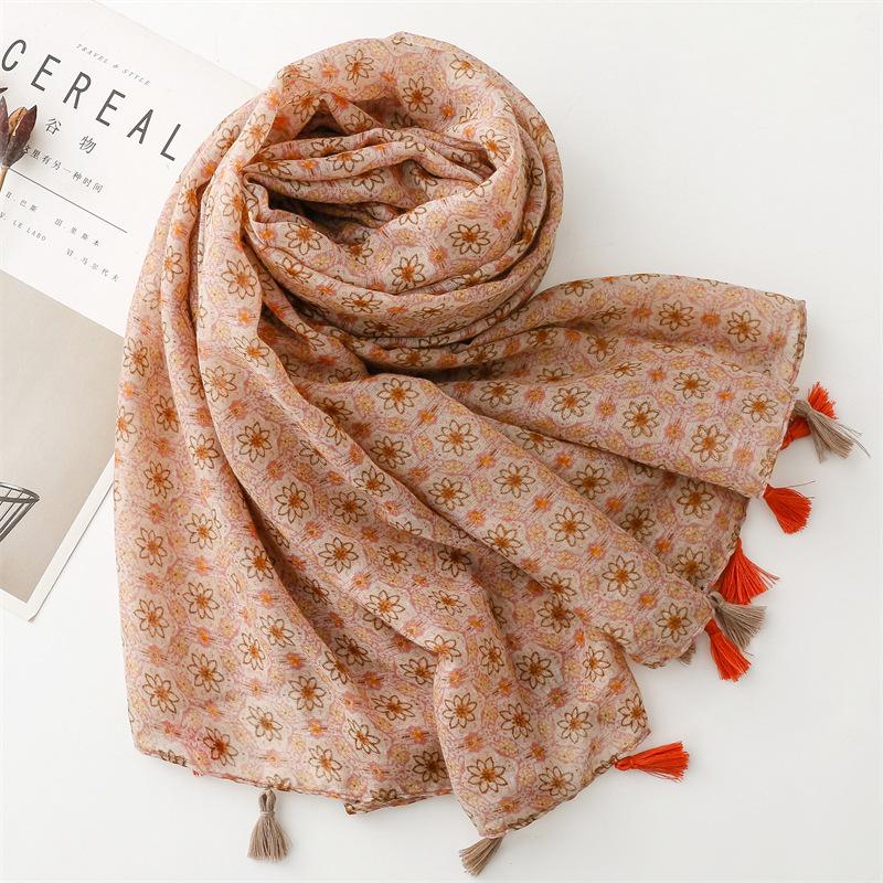 Four Season Coffee Colored Small Floral Scarf, Women'S Gauze Scarf For Outdoor Travel, Beach Towel, Printed Sunscreen Shawl
