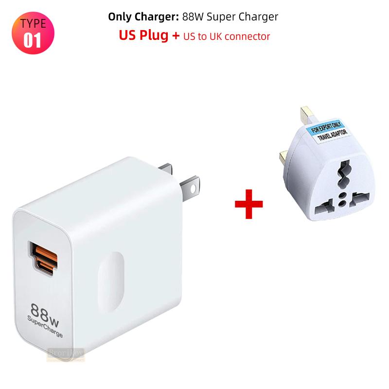 For  Universal Fast Charger Max 88W SuperCharge Support PD QC Quick Charge For Mate60 Pro+ P50 Pro EU US UK Plug And Cable
