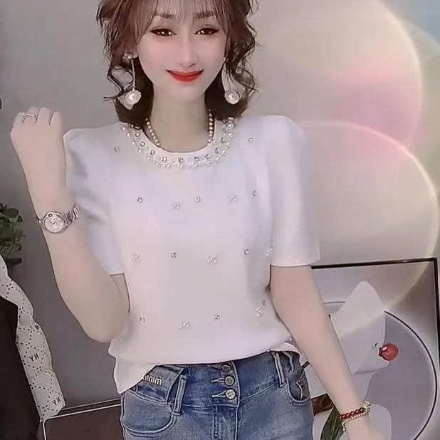 

Women s Spring/Summer Base Layer T-Shirt with Beading Slimming Plus Size Top 4XL білий
