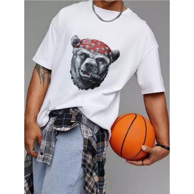 Bärenkopf Bandana T-Shirt Weißer Bär mit rotem Totenkopf-Bandana und Zigarren-Grafik Streetwear Freizeitkleidung