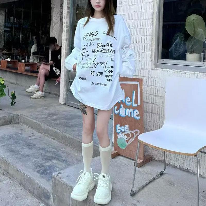 Fashion American Hand-Painted T-shirts Women's Clothing Vintage Letter 2025 Autumn Round Neck Casual Long Sleeve Loose Pullovers