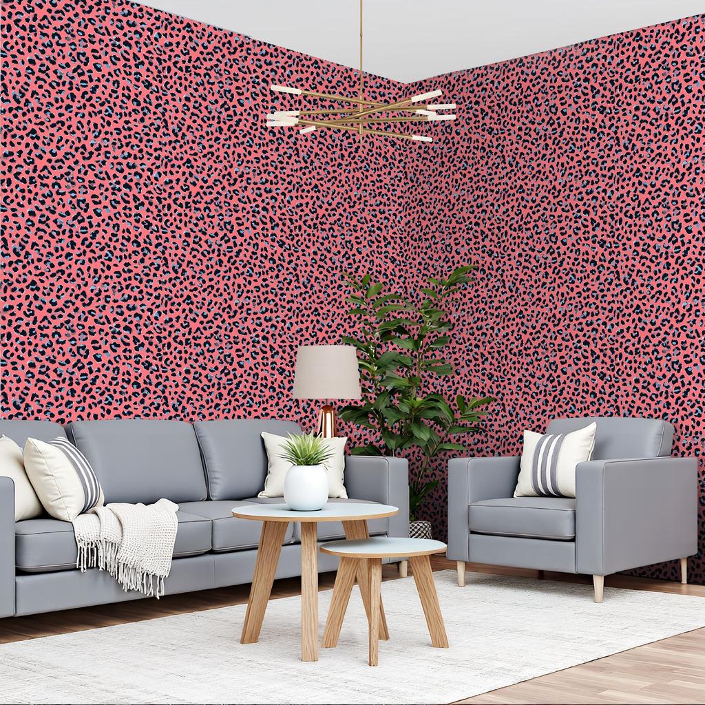 Pink Black Leopard Blue Wallpaper 22.83"X118" Waterproof Wallpaper for Living Room/Bedroom/Bathroom PVC Wall Sticker