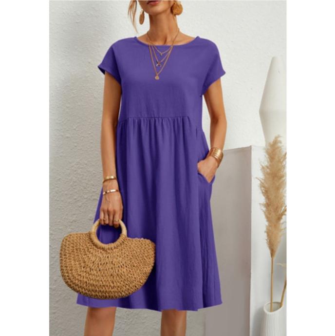 Women Vintage Solid Dress Summer Elegant O Neck Short Sleeve Cotton Linen Dresses Female Casual Loose Sundress Long Dress