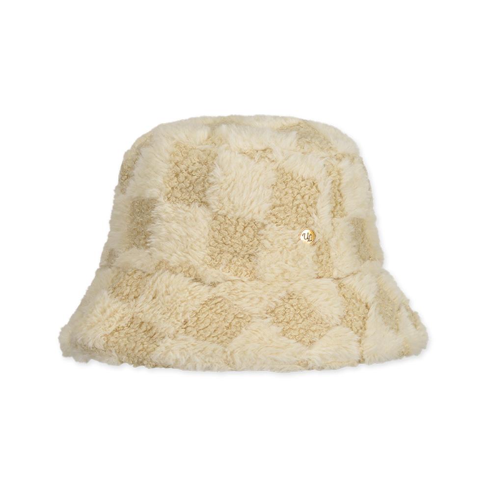ULUK Circle-Decorated Check Fur Boucle Bucket Hat_Beige
