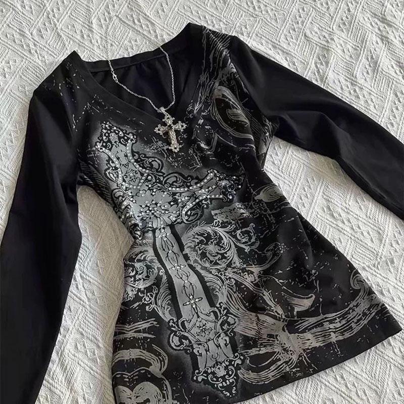 Y2K Damen Hip Hop 90er Vintage Punk T-Shirt Herbst Streetwear Sexy Kurzarm Gothic Slim Crop Top Hotgirl Lässiges T-Shirt