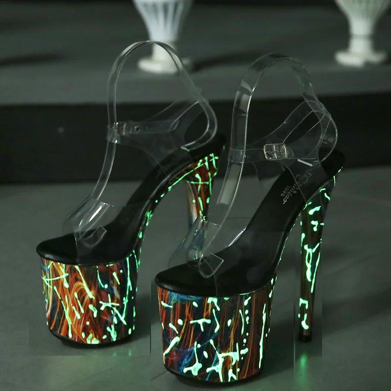 Fashion Designer 20CM Hentian High Nightclub High Heel Shoes Fluorescent Sandals Women's Shoes Walking Show Steel Pipe Dance Shoes