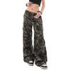 Women Cargo Pants Elastic High Waist Adjustable Drawstring Casual Trousers Camouflage Print Loose