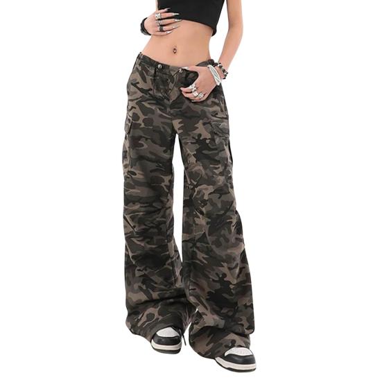 Women Cargo Pants Elastic High Waist Adjustable Drawstring Casual Trousers Camouflage Print Loose