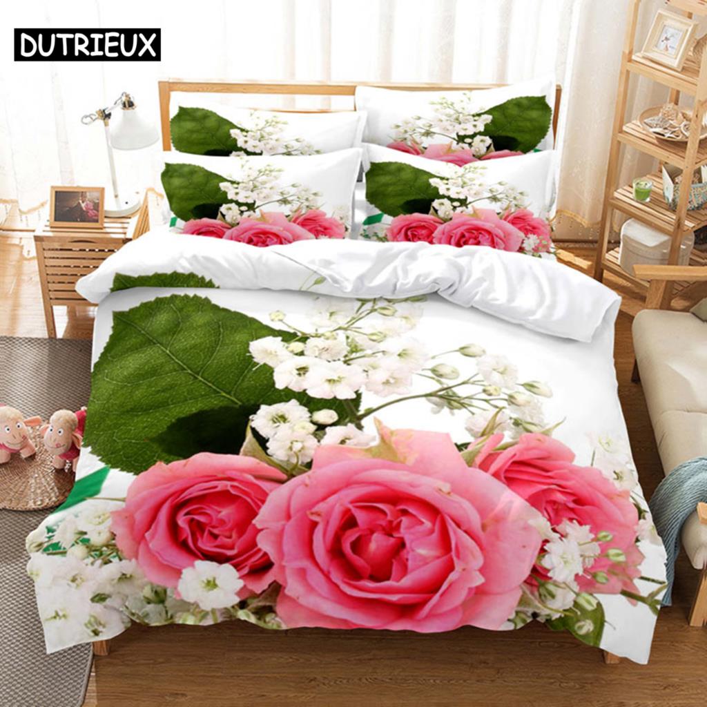 Comforter Pink Rose Bedding Set Linens Quilt Comforter 3D Pillow Case Double Full King Queen Twin Single 3Pcs 2Pcs Home Texile