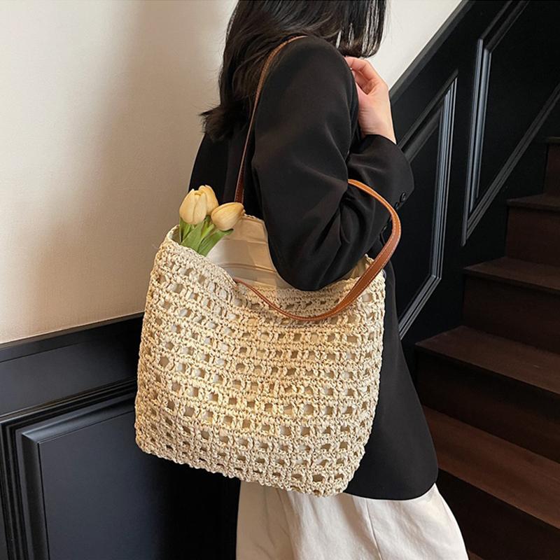Handwoven Women's Shoulder Bag New Style Summer Large Capacity Beach Vacation Straw Tote Bag Casual Bucket Handbags