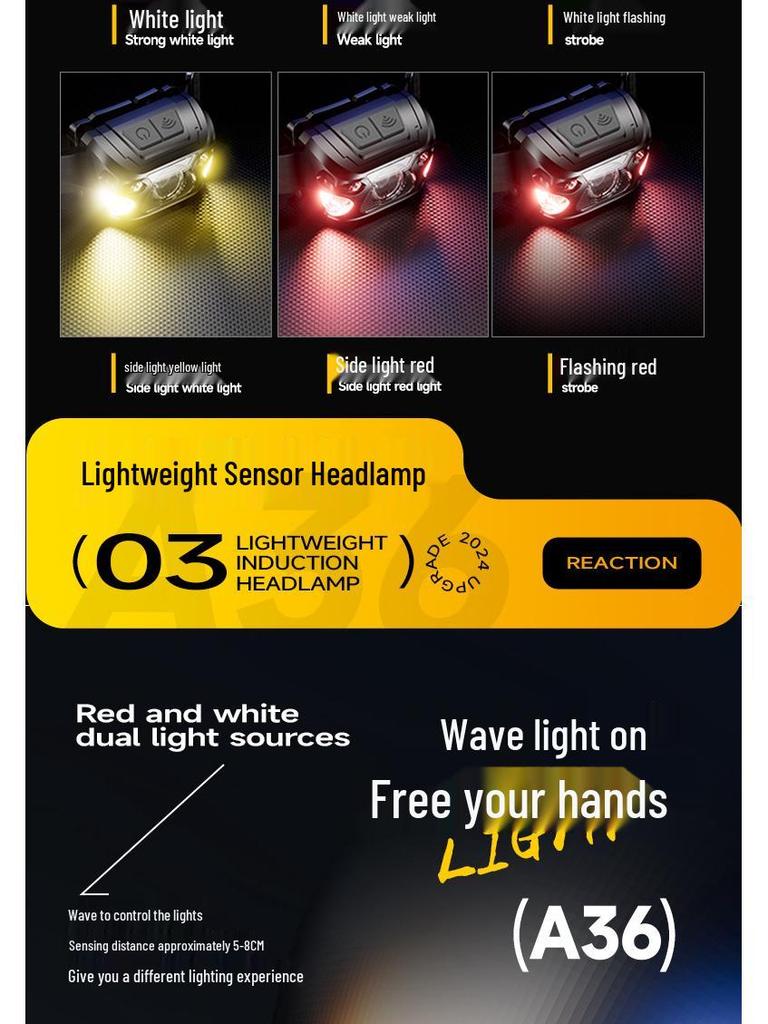 USB Rechargeable LED Headlamp with Sensor, Long Battery Life, High Brightness, Red Light Mode for Fishing, Cycling, and Outdoor Work