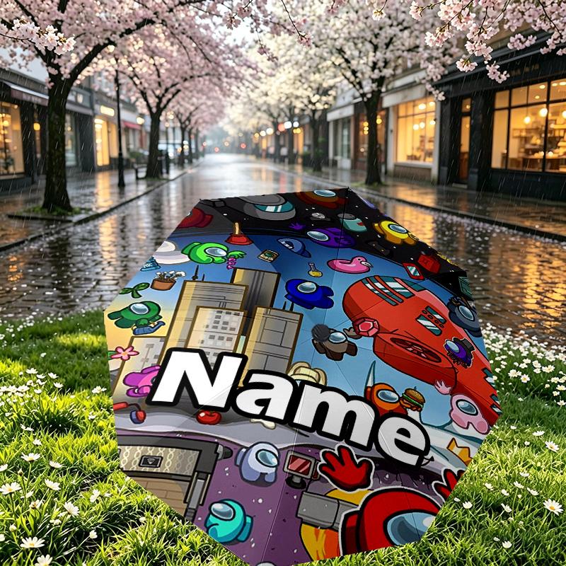 Custom Name Personalized Among Us Print Umbrella, Auto Open Close, 8‑Rib Sturdy Frame, Commute Camping Hiking Use, Birthday Gift