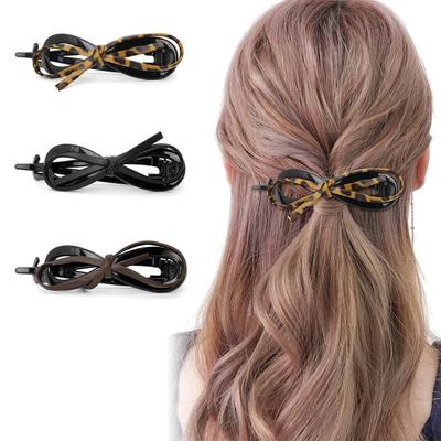 MAYCREATE® 3Pcs Bow Hair Clips for Women Girls Stylish Leather French Bow Twist Clip Bow Clips Strong Hold No Slip Hollow Out Duckbill Clip Banana H