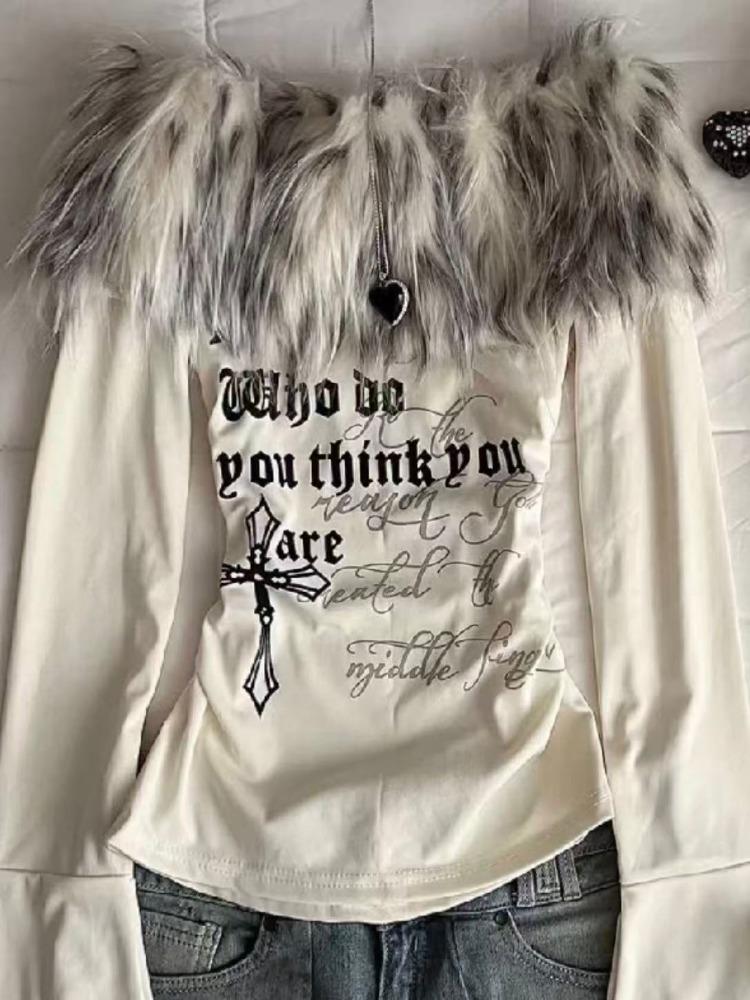 American Vintage Print Pelz Genäht Tops Frauen 2000er Jahre Y2k One Shoulder T-Shirt Dünn Süße Babes High Street Casual Base Layer Kleidung